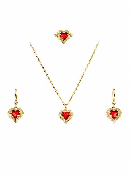 Heart Necklace, Earrings, and Ring Set - Gold