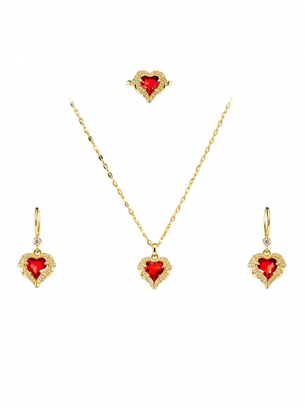 Heart Necklace, Earrings, and Ring Set - Gold