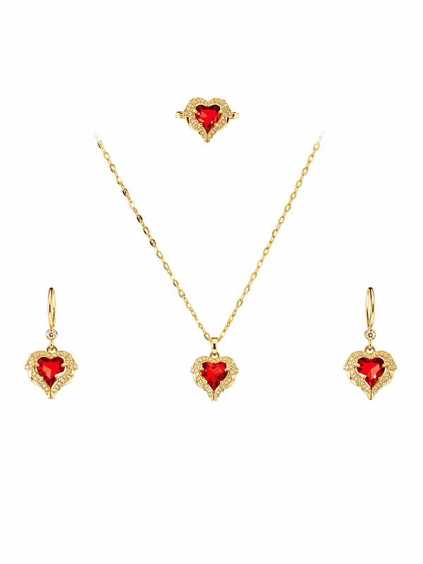Heart Necklace, Earrings, and Ring Set - Gold