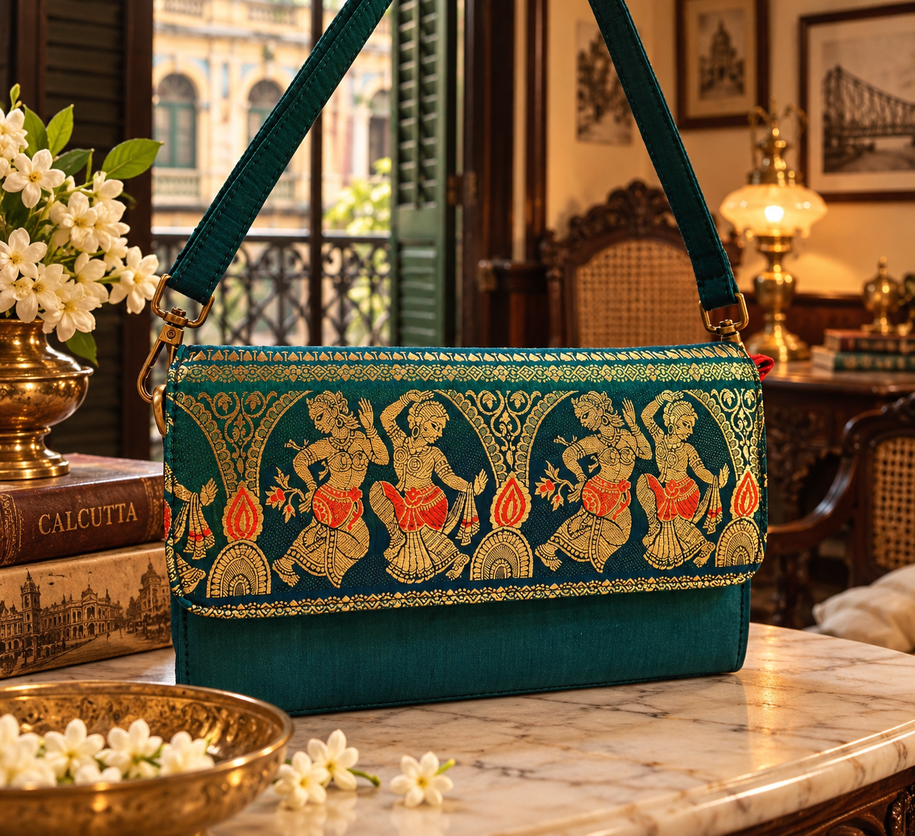 Peacock Blue-Green Dual-Tone Swarnachari Sling Bag