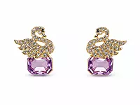 Crystal Swan Earrings with Purple Gemstone in Gold
