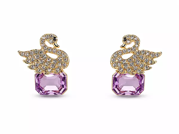 Crystal Swan Earrings with Purple Gemstone in Gold