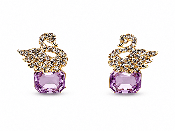 Crystal Swan Earrings with Purple Gemstone in Gold