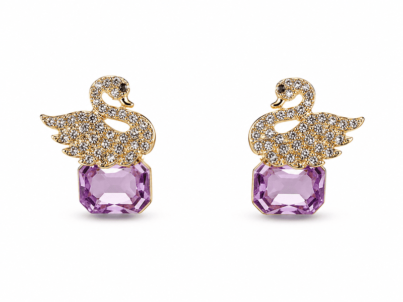 Crystal Swan Earrings with Purple Gemstone in Gold