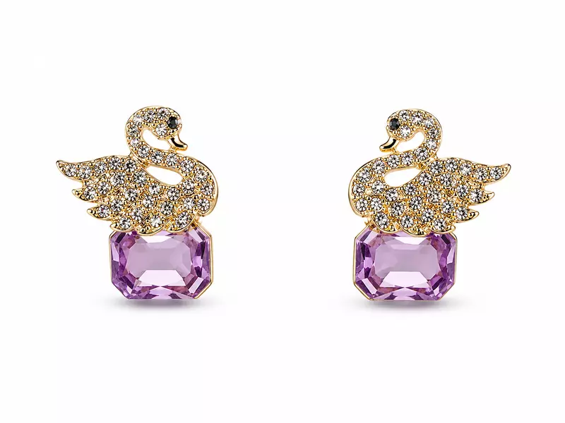 Crystal Swan Earrings with Purple Gemstone in Gold