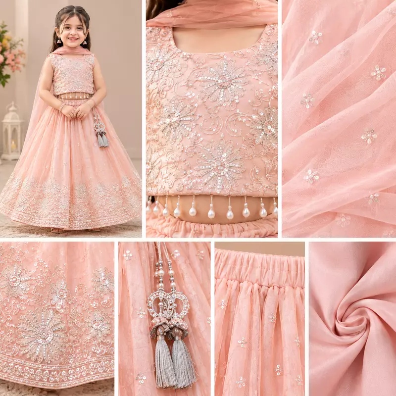 Peach Blossom Embroidered Festive Lehenga Choli Set for Girls