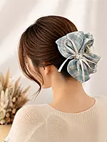 Blue and White Plaid Scrunchie Hair Clutcher with Bow and Crystal Accent