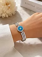 Silver Triple Band Bracelet with Blue Enamel and Crystal Halo