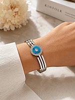 Silver Triple Band Bracelet with Blue Enamel and Crystal Halo