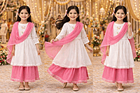 Butterfly Embroidered Dress Set with Dupatta and Plazo for Girls