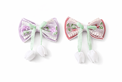 Floral Embroidered Bow Hair Clips with Tulip Charms - 2PC