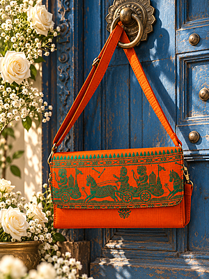Handloom Baluchari Silk Sling Bag – Orange & Green
