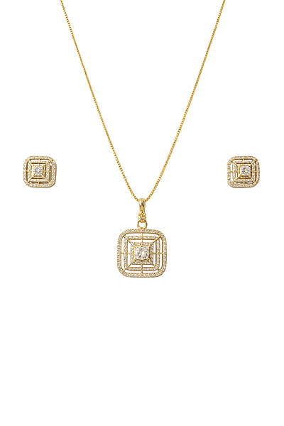Geometric Gold Crystal Pendant and Earring Set