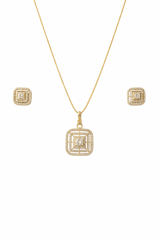 Geometric Gold Crystal Pendant and Earring Set