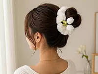 Plush Fur Hair Scrunchies with Floral Ribbon Charms
