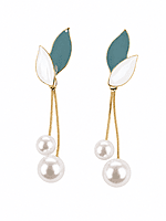 Leaf and Pearl Drop Earrings in Teal and White