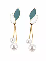 Leaf and Pearl Drop Earrings in Teal and White