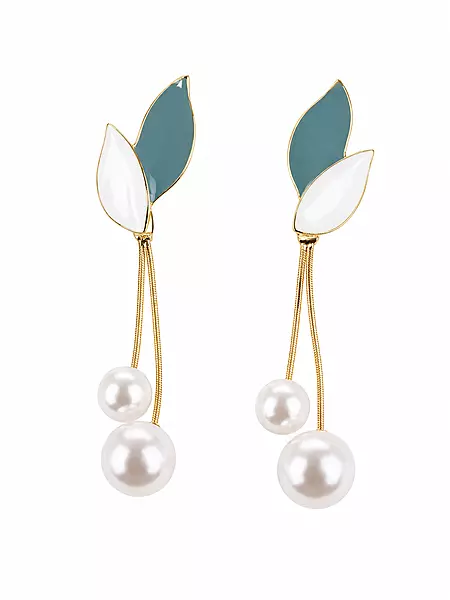 Leaf and Pearl Drop Earrings in Teal and White