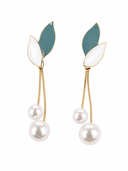 Leaf and Pearl Drop Earrings in Teal and White