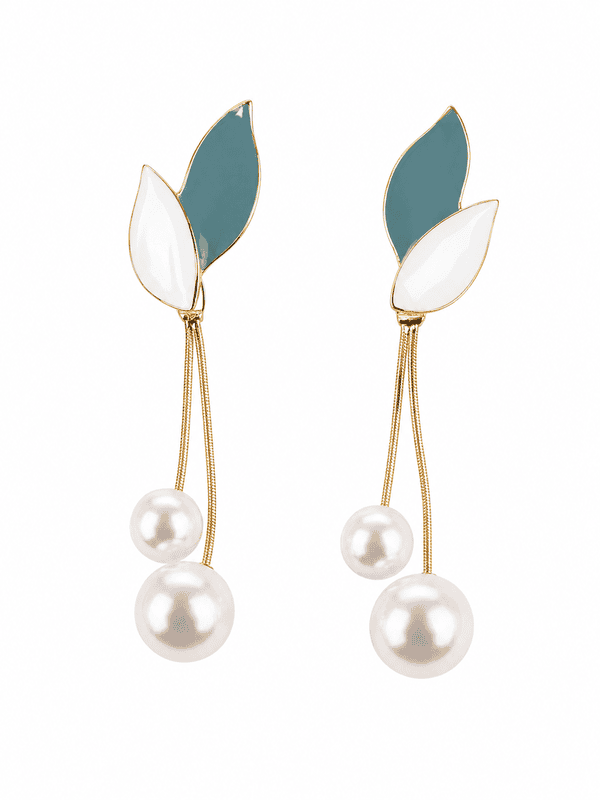 Leaf and Pearl Drop Earrings in Teal and White