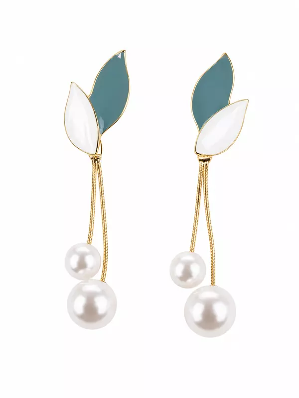 Leaf and Pearl Drop Earrings in Teal and White