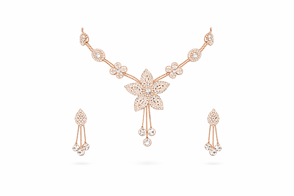 Rose Gold Floral Crystal Necklace and Earring Set for Women