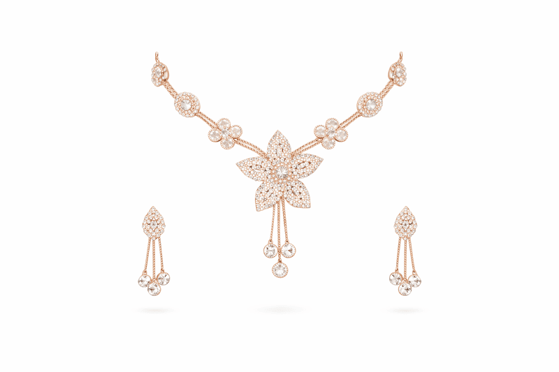 Rose Gold Floral Crystal Necklace and Earring Set for Women