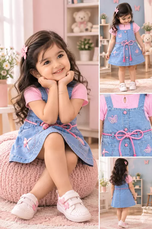 Pink Butterfly Denim Pinafore Dress Set for Girls