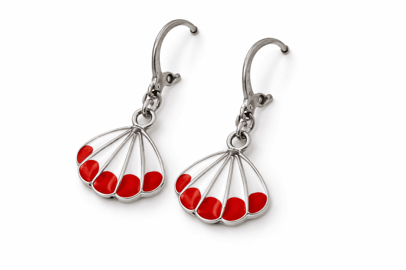 Fan-Shaped Drop Earrings with Red Enamel Detailing | Korean Earrings