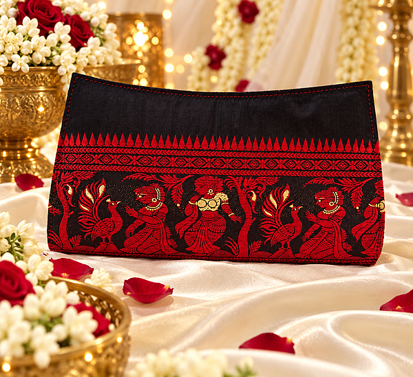 Red & Black Baluchari Silk Clutch Purse | Handcrafted Accessory Red & Black Baluchari Silk Clutch Purse | Handcrafted Accessory