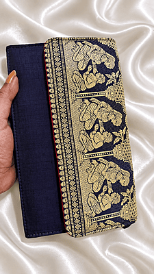 Premium Navy Blue Baluchari Silk Purse | Zari & Meena Work Premium Navy Blue Baluchari Silk Purse | Zari & Meena Work