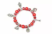 Red Beaded Charm Bracelet with Silver Tree, Elephant, and Heart Pendants