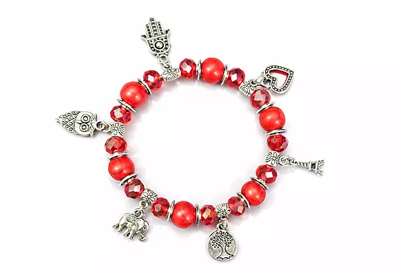 Red Beaded Charm Bracelet with Silver Tree, Elephant, and Heart Pendants