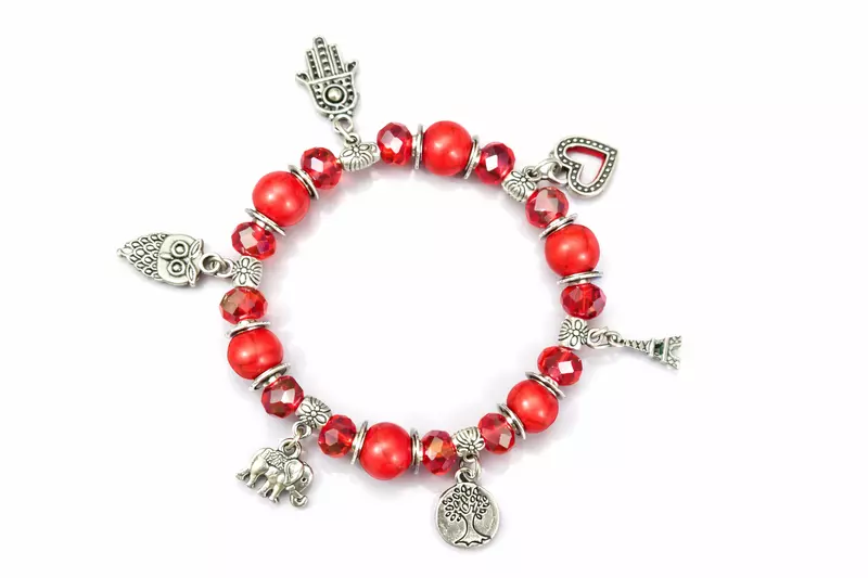 Red Beaded Charm Bracelet with Silver Tree, Elephant, and Heart Pendants