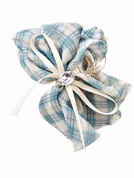 Blue and White Plaid Scrunchie Hair Clutcher with Bow and Crystal Accent