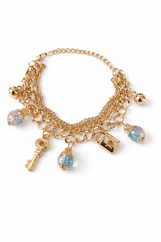 Gold Plated Key & Lock Charm Bracelet with Multicolor Beads