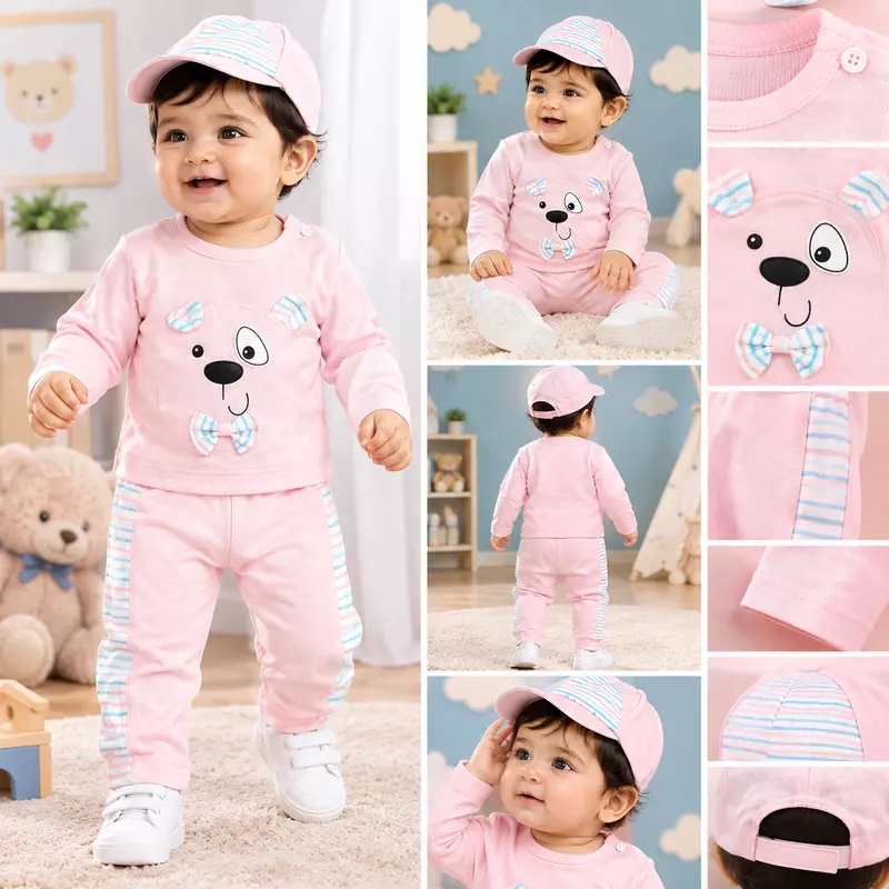 Mint Green Little Bear Printed Baby Boy Co-Ord Set with Cap