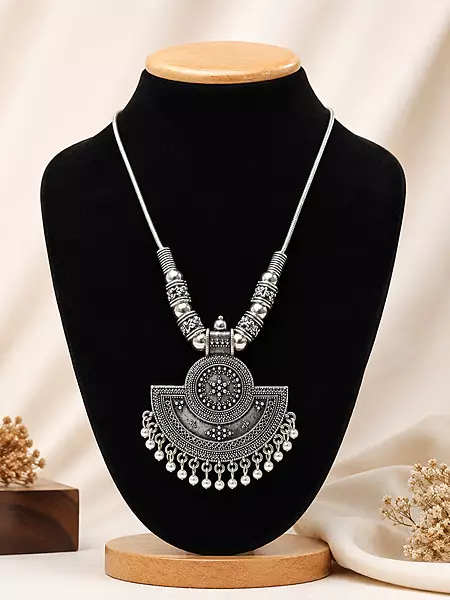 Antique Oxidised Silver Tribal Statement Pendant Necklace with Pearl Fringe