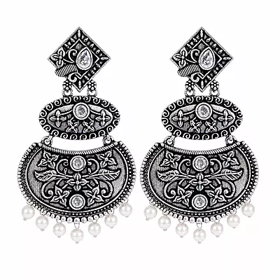 Taralika Clear Stone Pearl Oxidised Chandbali Earrings