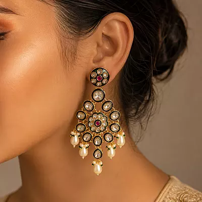 Kundan Aabha Mirror Stone Pearl Dangler Earrings