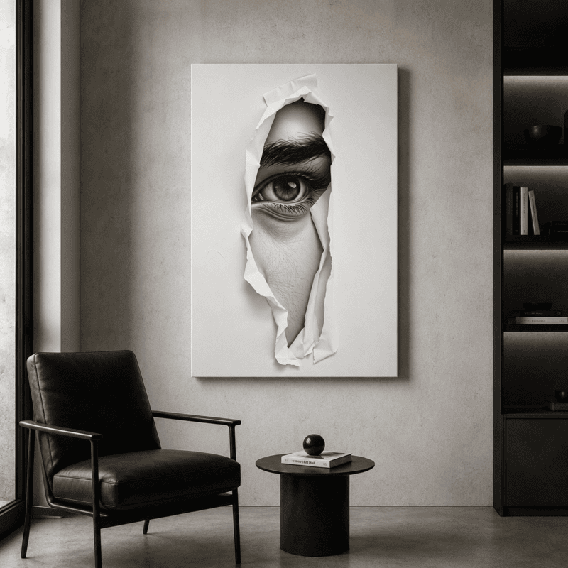 Torn Paper Eye Wall Art – Realistic Black White Modern Abstract Portrait Decor master