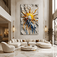 Sun Burst Paint Wall Art – Yellow Blue White Abstract 3D Texture Modern Decor