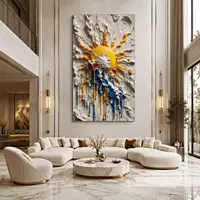 Sun Burst Paint Wall Art – Yellow Blue White Abstract 3D Texture Modern Decor