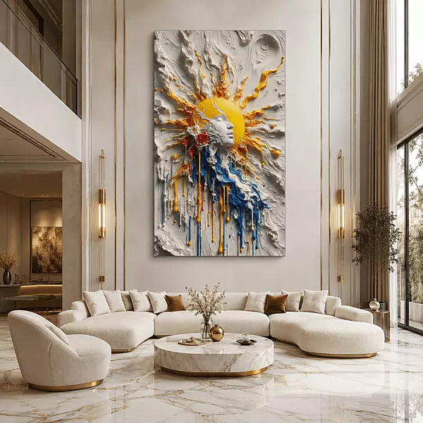 Sun Burst Paint Wall Art – Yellow Blue White Abstract 3D Texture Modern Decor