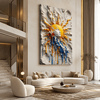 Sun Burst Paint Wall Art – Yellow Blue White Abstract 3D Texture Modern Decor