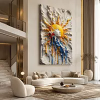 Sun Burst Paint Wall Art – Yellow Blue White Abstract 3D Texture Modern Decor