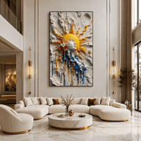 Sun Burst Paint Wall Art – Yellow Blue White Abstract 3D Texture Modern Decor