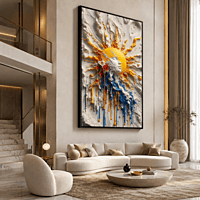 Sun Burst Paint Wall Art – Yellow Blue White Abstract 3D Texture Modern Decor