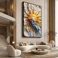 Sun Burst Paint Wall Art – Yellow Blue White Abstract 3D Texture Modern Decor