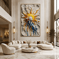 Sun Burst Paint Wall Art – Yellow Blue White Abstract 3D Texture Modern Decor